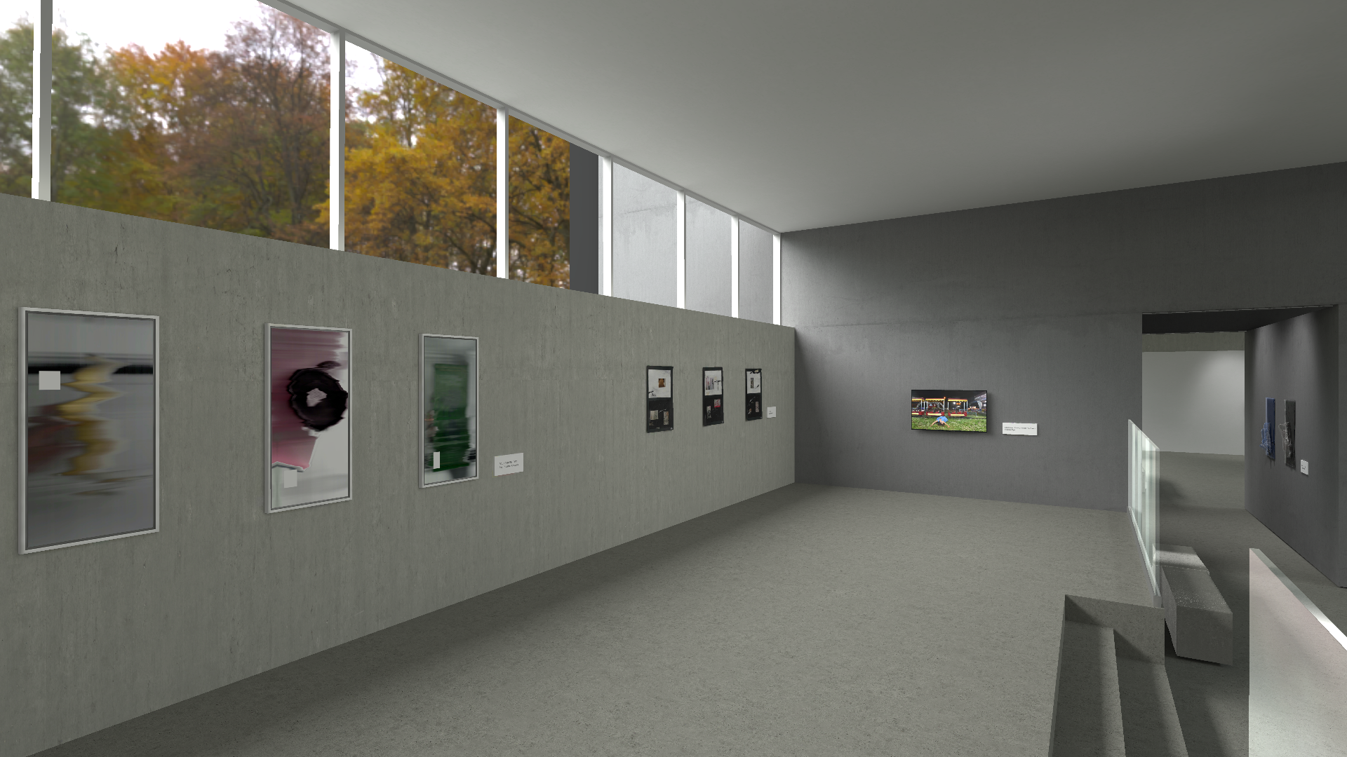 A series of images showing different perspectives of a contemporary art gallery. The gallery has a minimalist design with concrete benches, large windows revealing autumnal trees, and a variety of modern artworks including sculptures and framed pieces. The lighting is provided by track lights on the ceiling, creating a bright and airy atmosphere.