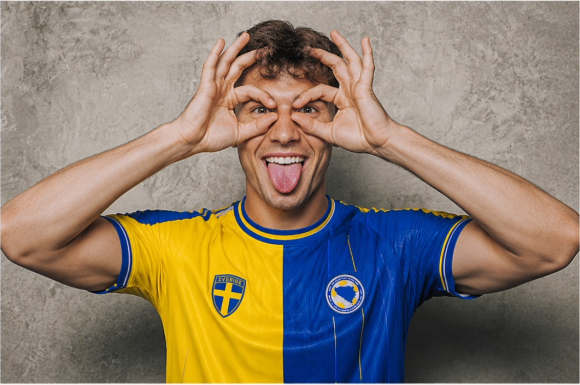 Modell gör kikargest i supportertröjan