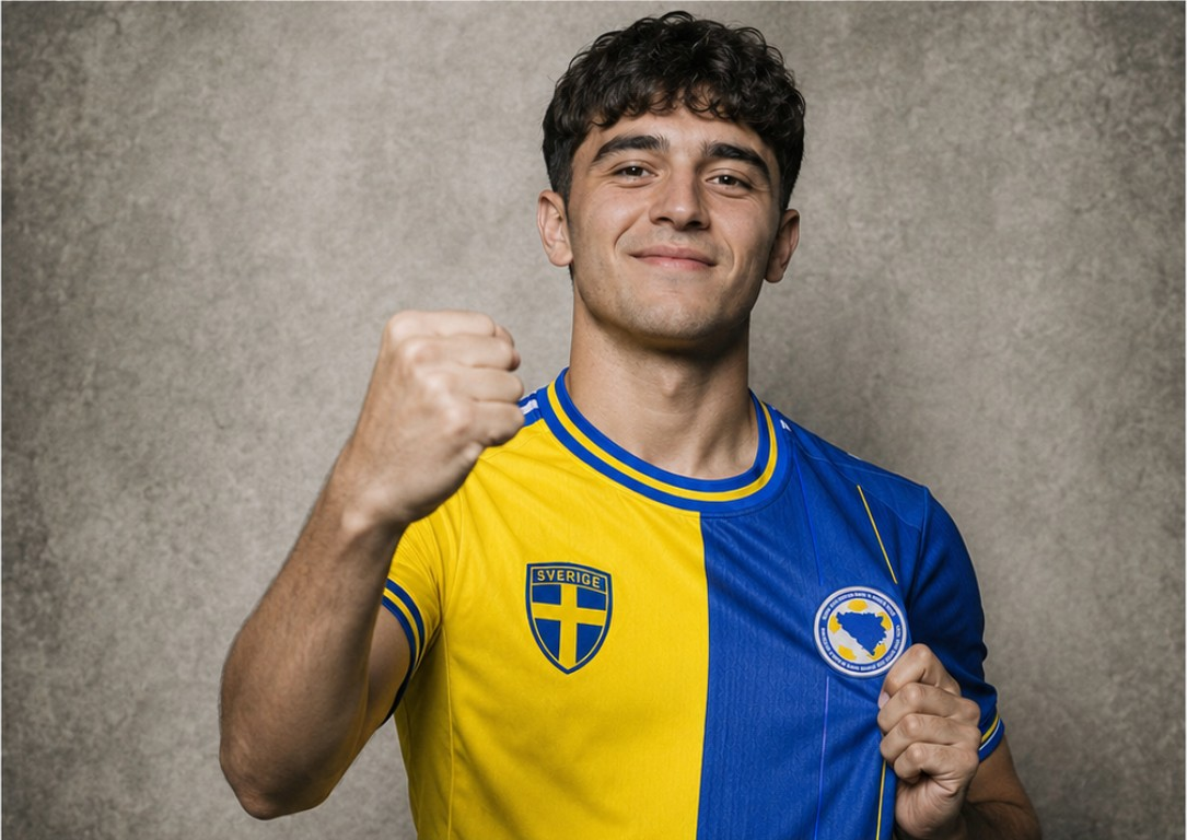 Modell med höjd näve i supportertröjan