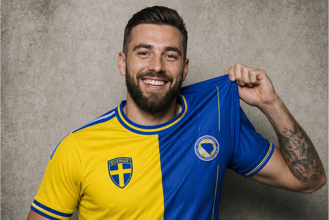Modell visar tröjans blå sida