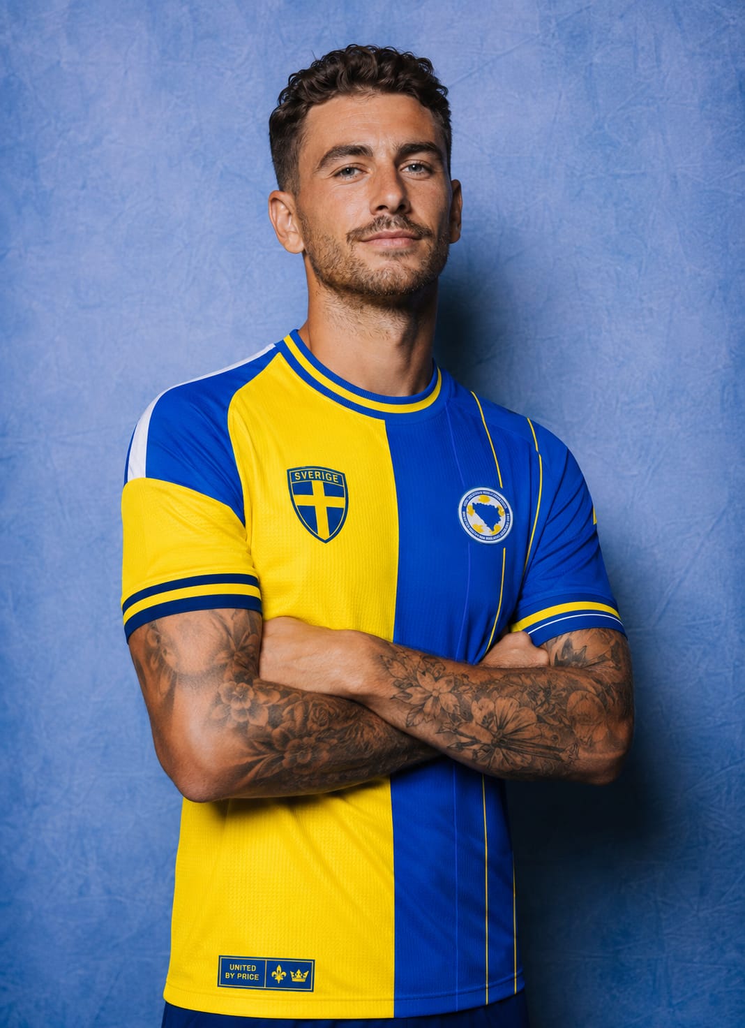 Modell mot blå bakgrund i supportertröjan