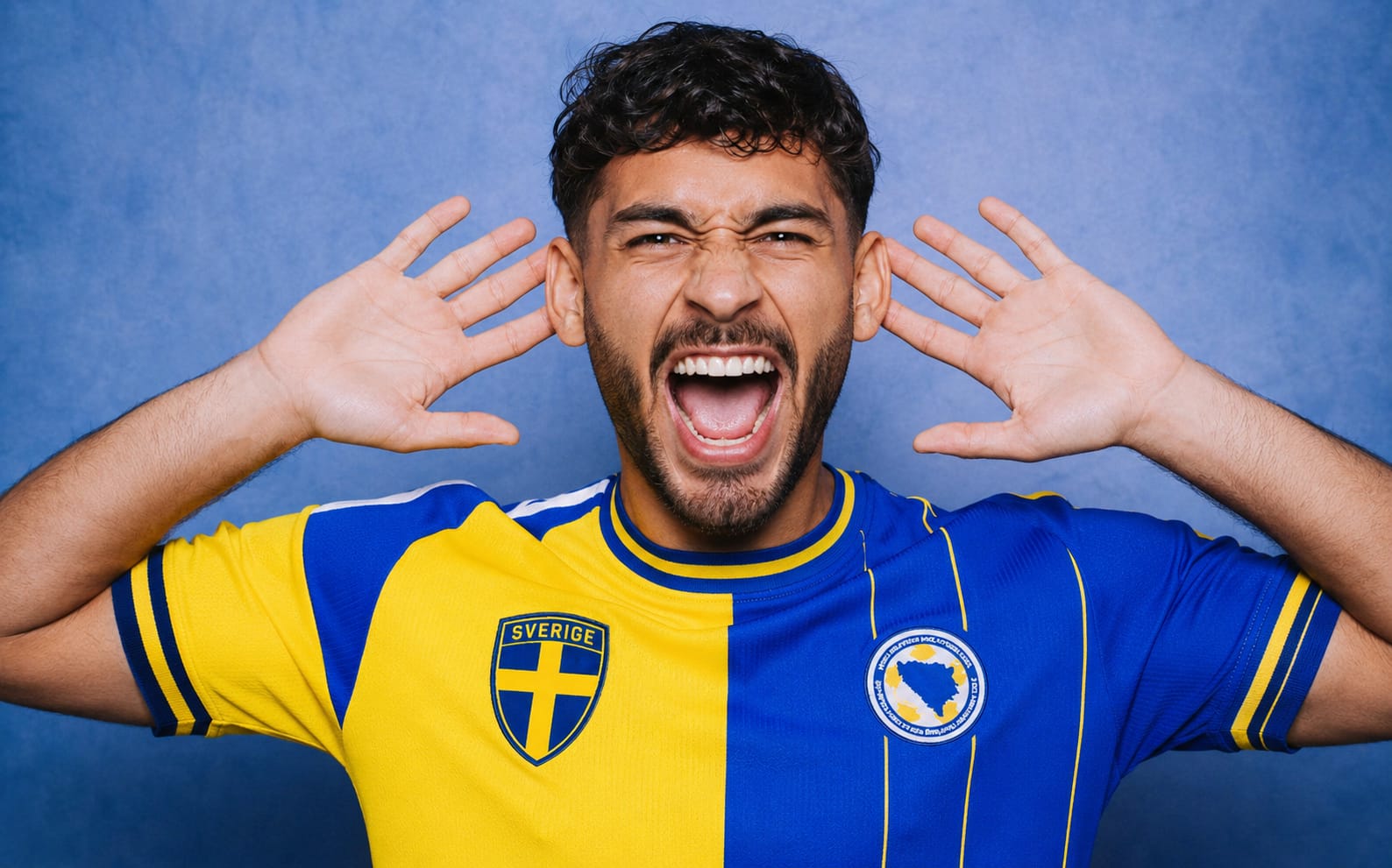 Modell mot blå bakgrund i supportertröjan
