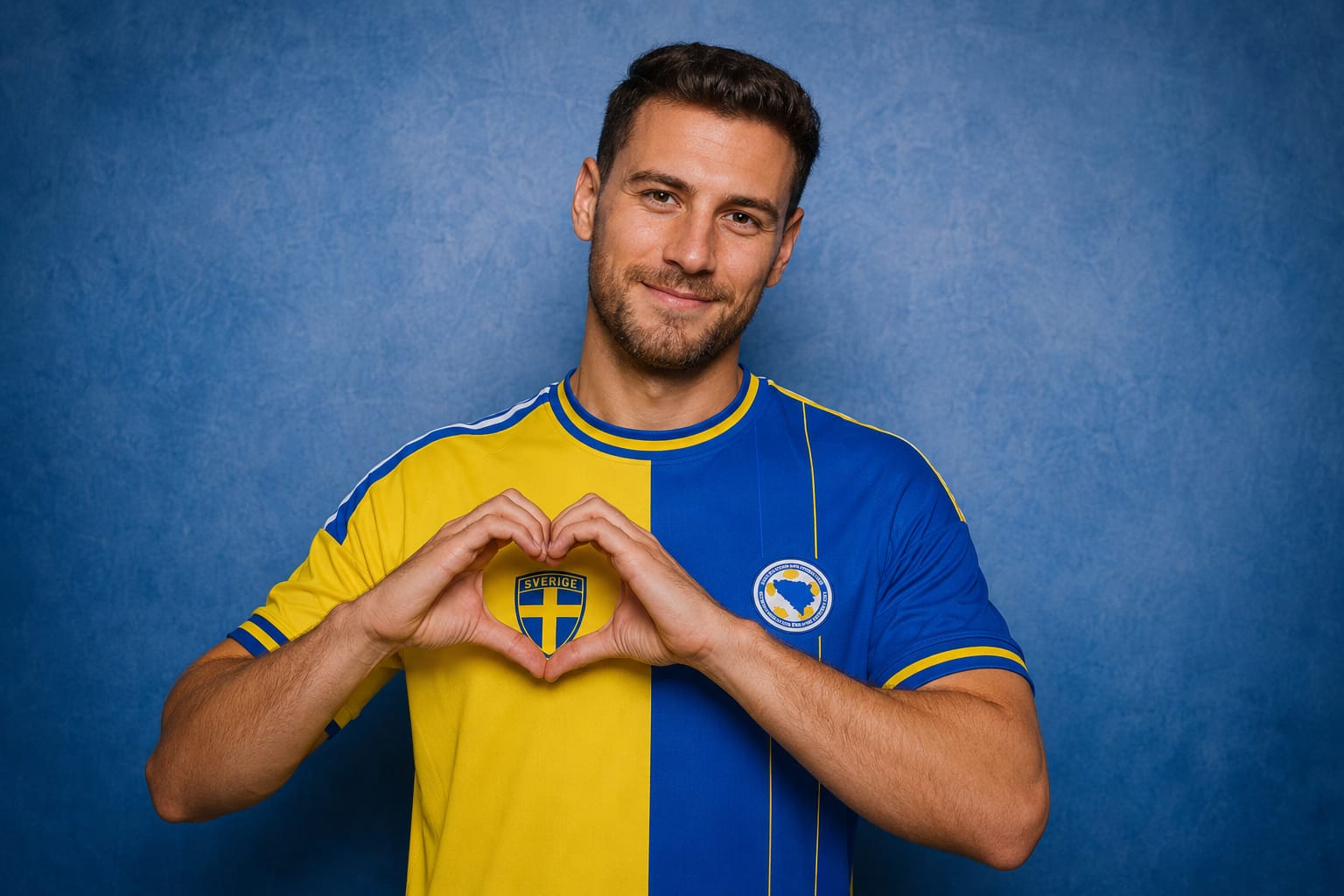 Modell gör hjärtgest mot blå bakgrund