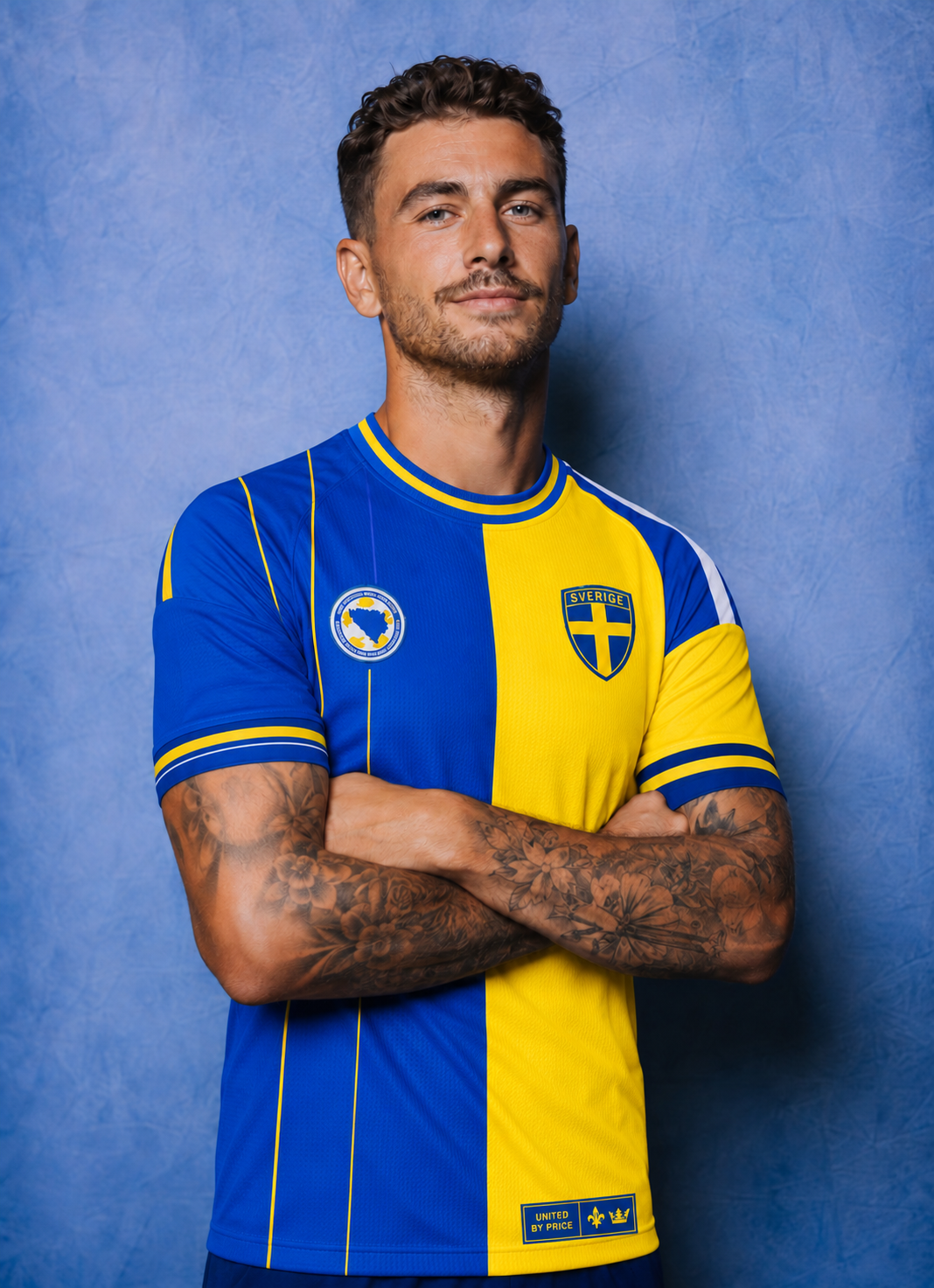 Modell med korsade armar i supportertröjan