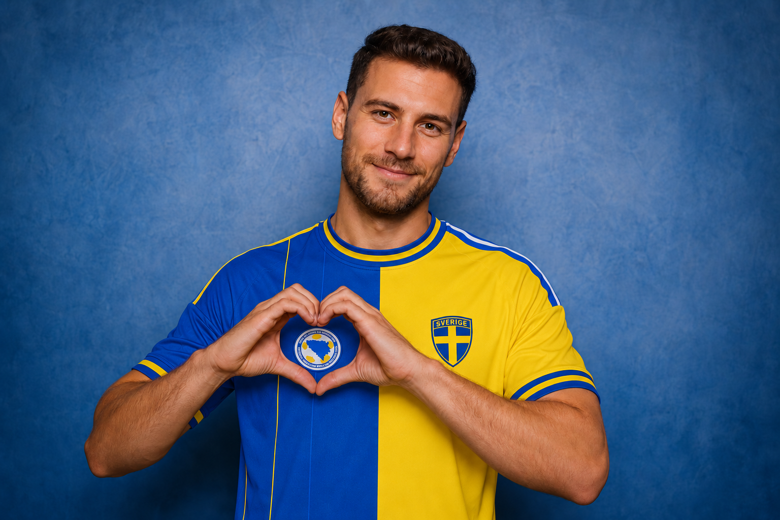 Modell gör hjärtgest i supportertröjan