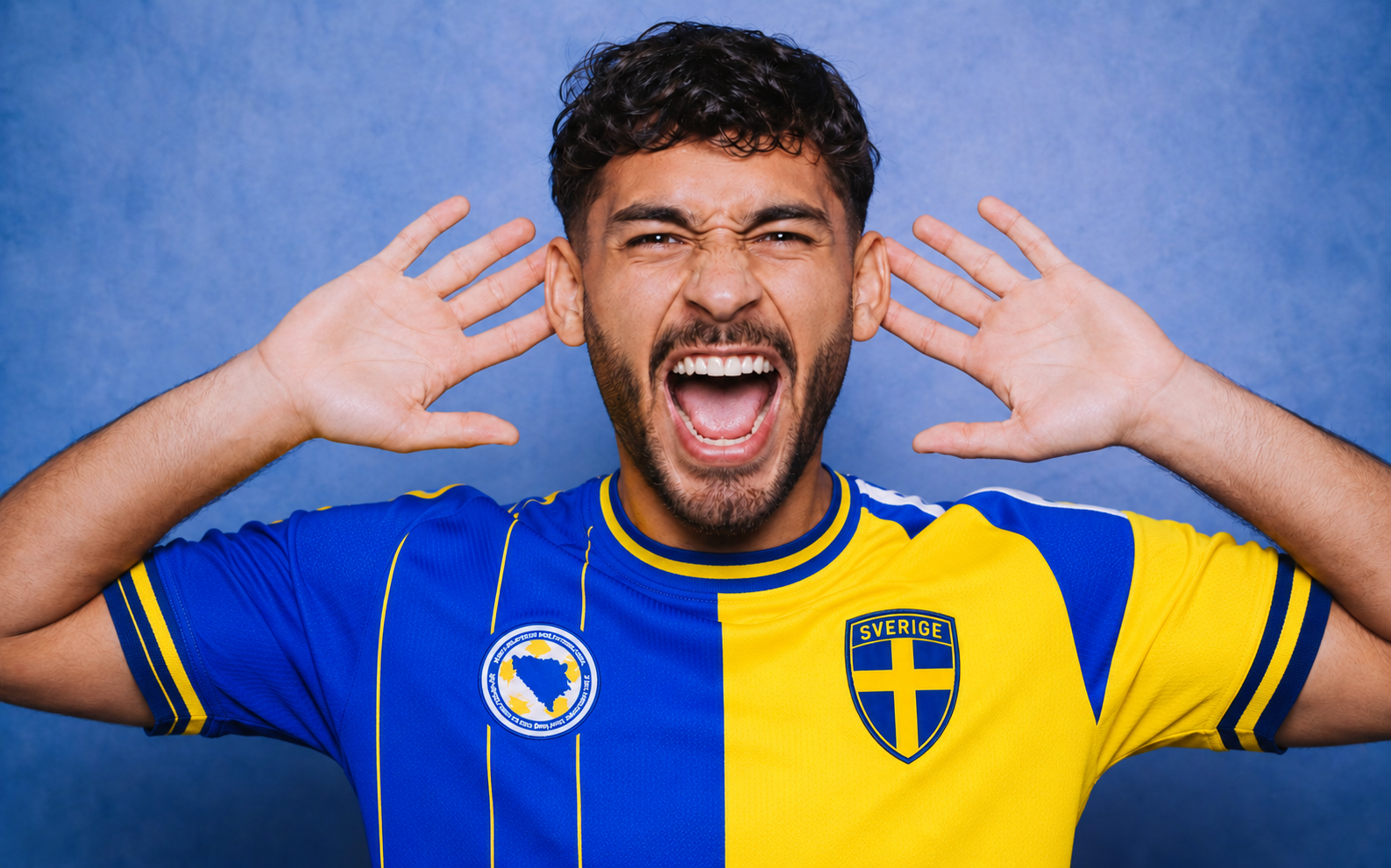 Jublande modell mot blå bakgrund