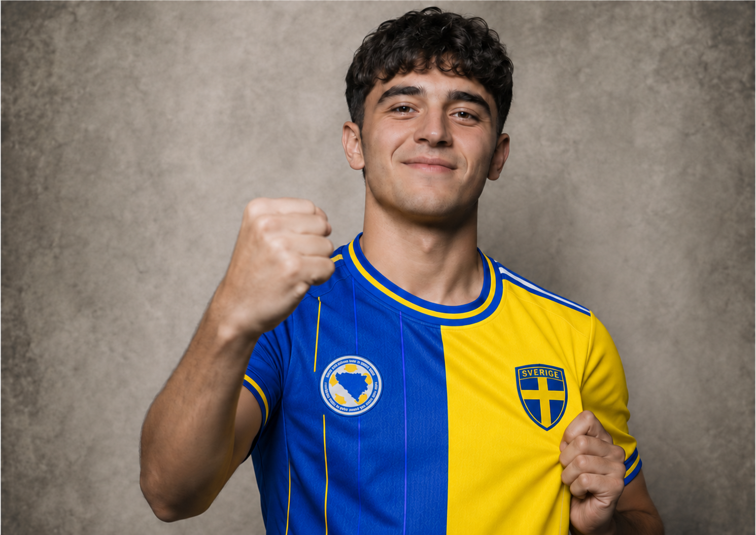 Modell med höjd näve i supportertröjan