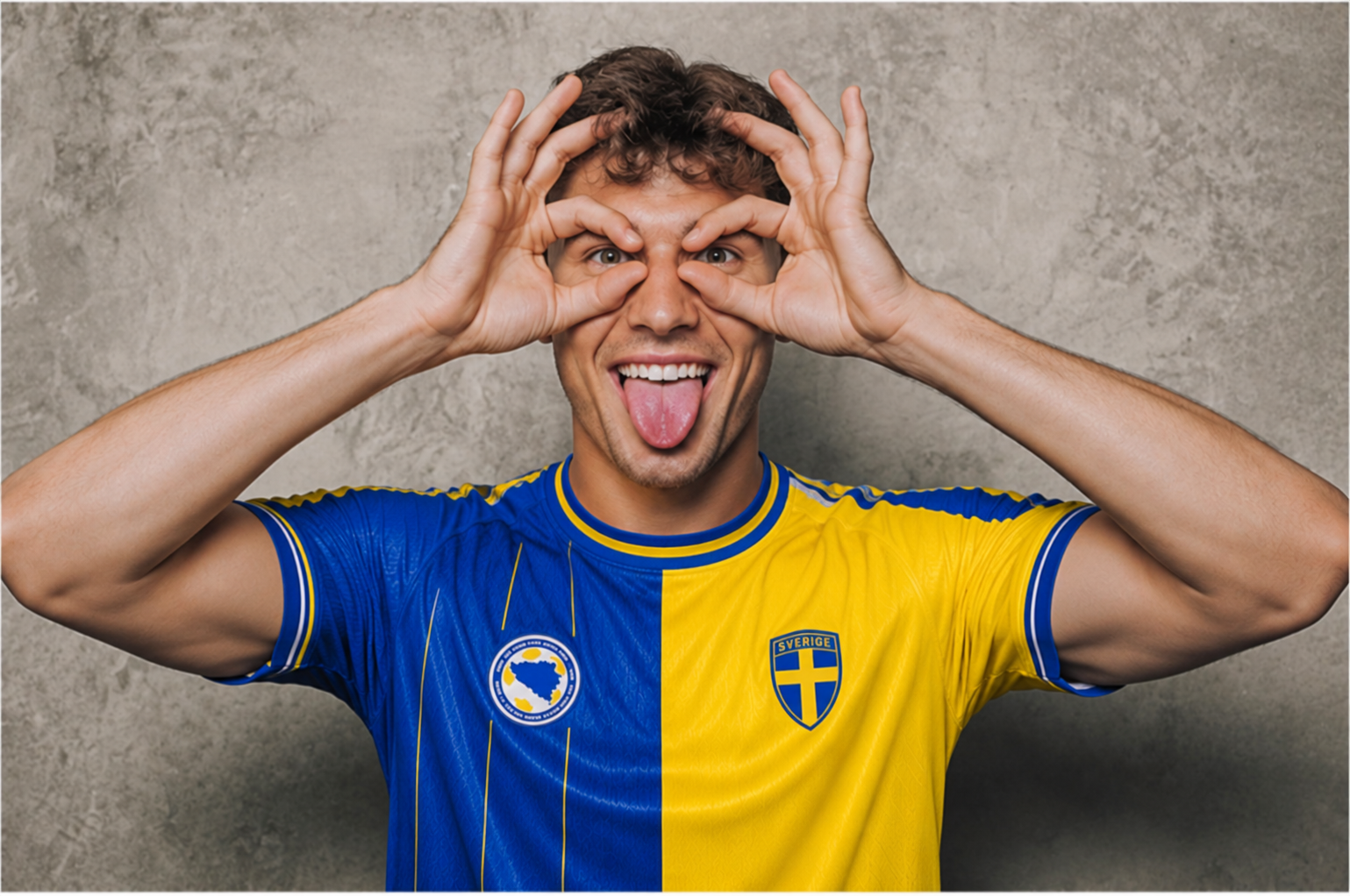 Modell gör kikargest i supportertröjan