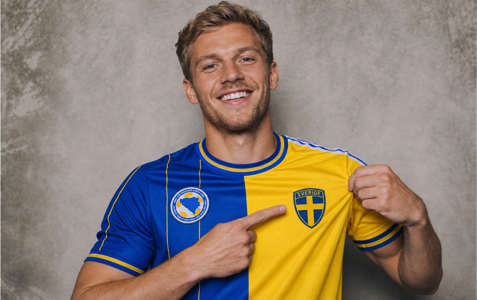 Leende modell visar Sverige-emblemet