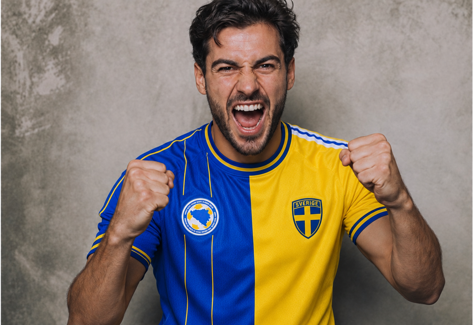 Modell jublar med två nävar i supportertröjan