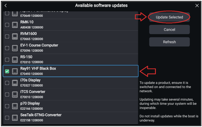 Lista &ouml;ver anslutna produkter inf&ouml;r uppdatering