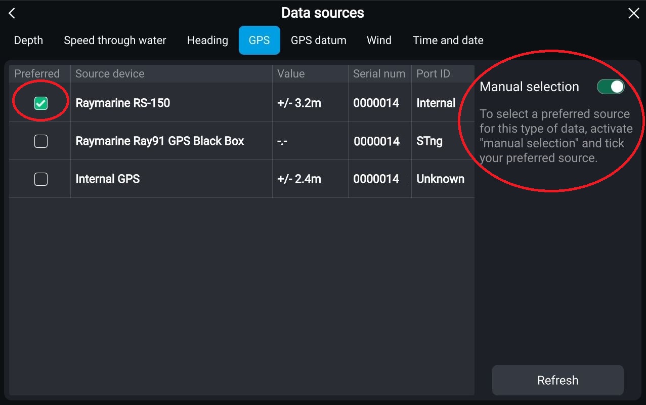 Raymarine GPS-k&auml;lla inst&auml;llning
