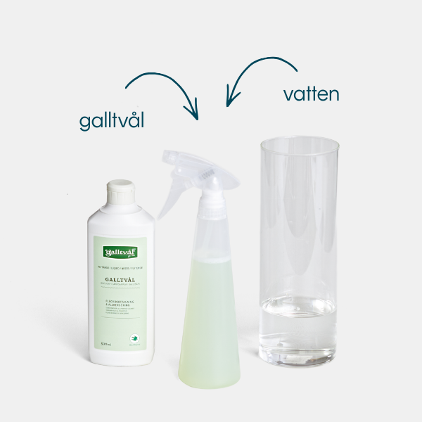 Sprayflaska med galltv&aring;l utsp&auml;dd i vatten f&ouml;r att ta bort fettfl&auml;ckar fr&aring;n kl&auml;der