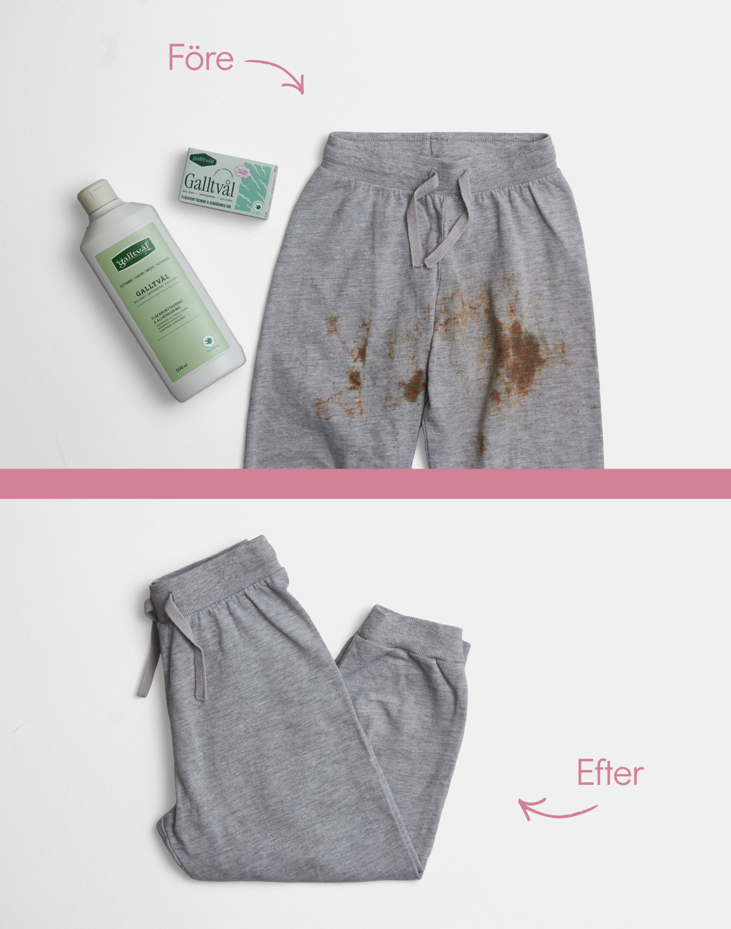 f&ouml;re och efter fl&auml;ckborttagning med galltv&aring;l p&aring; kl&auml;der