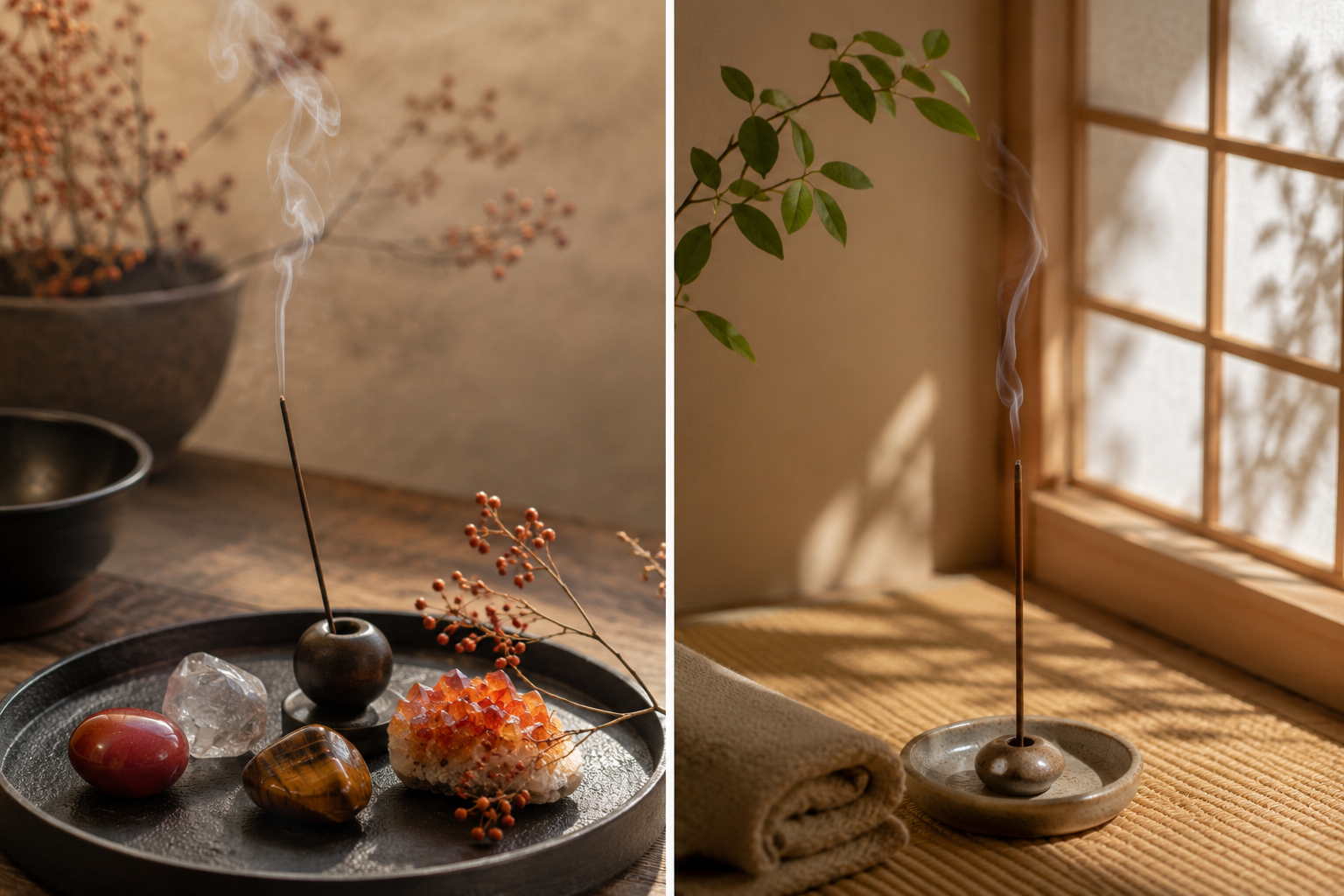 Japansk inspirerad r&ouml;kelsebild med kristaller, varmt ljus och lugn Eldh&auml;st-k&auml;nsla