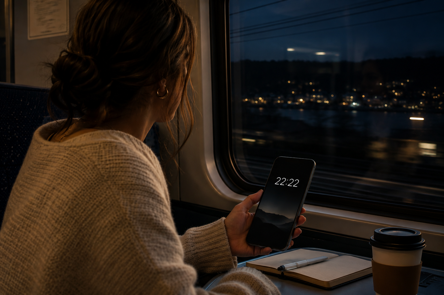 Person p&aring; t&aring;g som ser klockan 22:22 p&aring; sin mobiltelefon under en kv&auml;llsresa