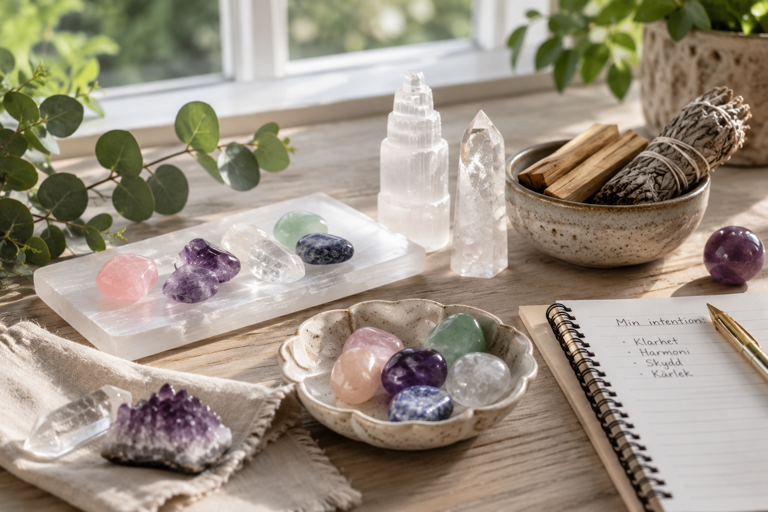 Kristaller som vilar tillsammans med Selenit, Salvia och Palo Santo för rengöring och laddning