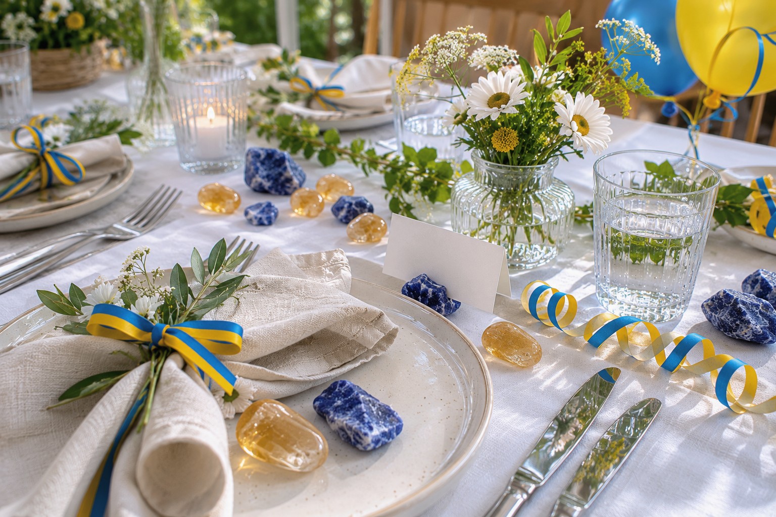 Studentdukning med blå och gula detaljer, Citrin, Sodalit och festlig sommarkänsla