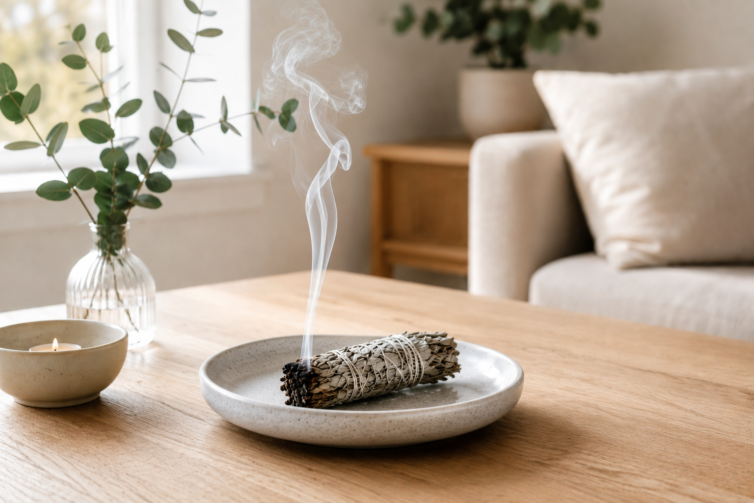 Vit Salvia som t&auml;nds f&ouml;r smudging och rening i hemmet