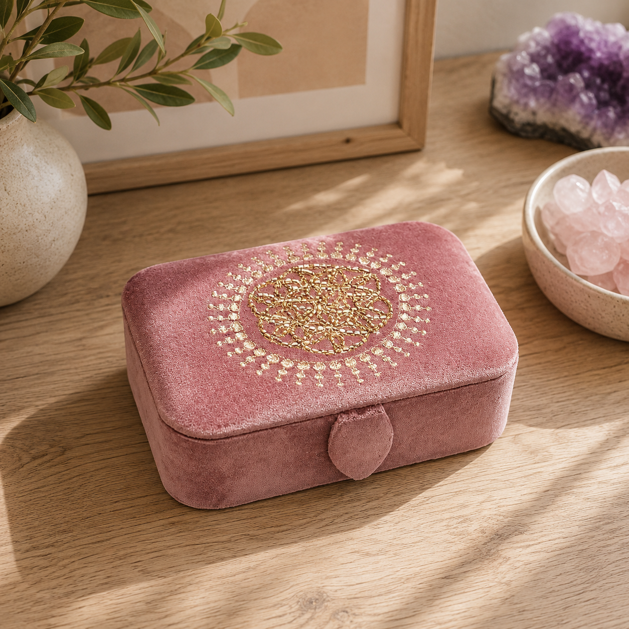 Rosa broderad ask med Livets Blomma f&ouml;r smycken kristaller och tarotkort