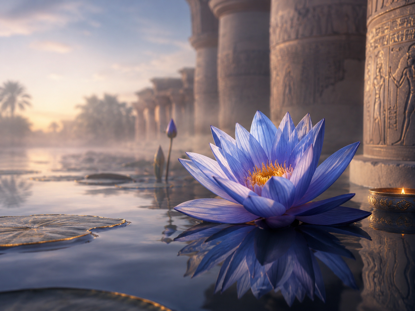 Blå Lotus vid mörkt vatten med antika egyptiska gulddetaljer
