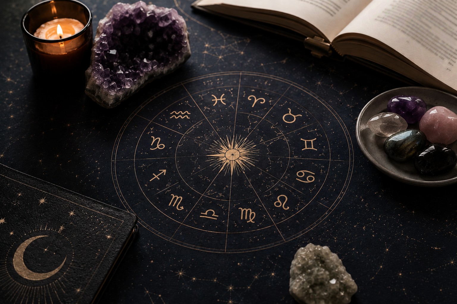 Astrologisk zodiakcirkel med kristaller p&aring; m&ouml;rk stj&auml;rninspirerad bakgrund