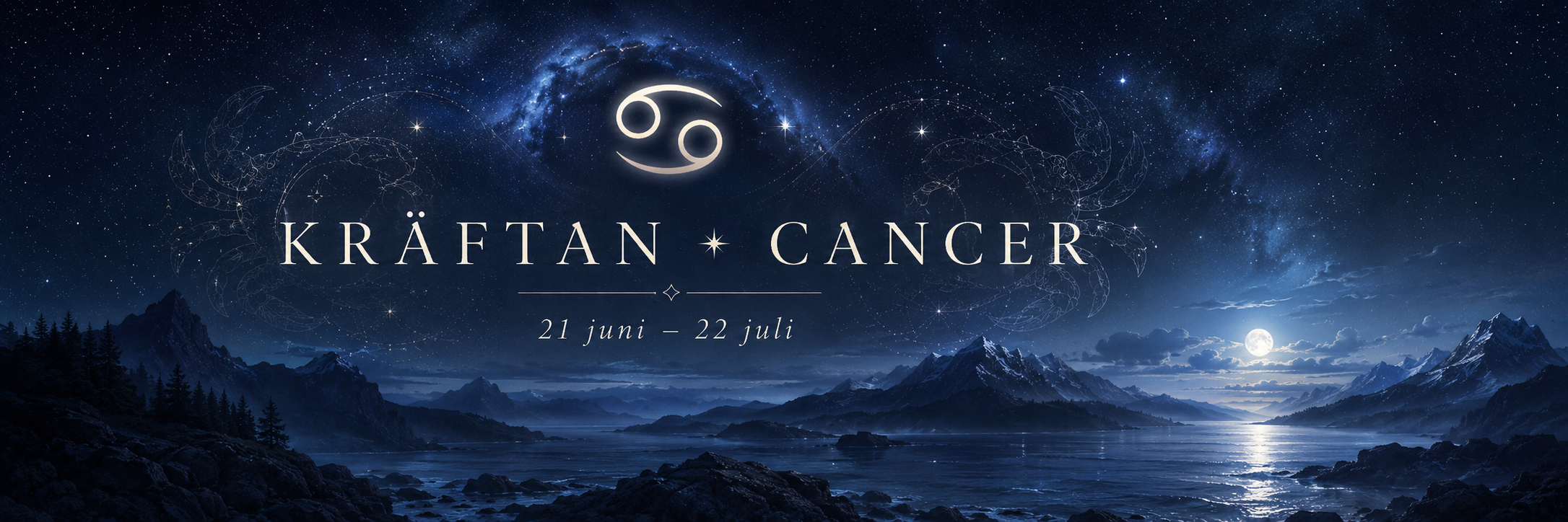 Kr&auml;ftan Cancer med datum 21 juni till 22 juli i astrologisk design