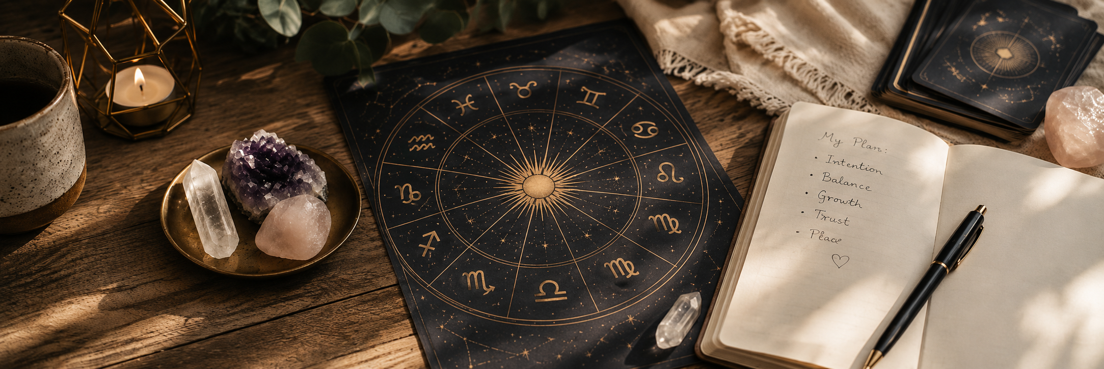 Astrologisk zodiakcirkel med kristaller i mjuk ljus milj&ouml;