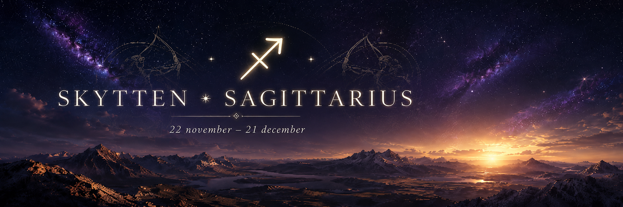 Skytten Sagittarius med datum 22 november till 21 december i astrologisk design