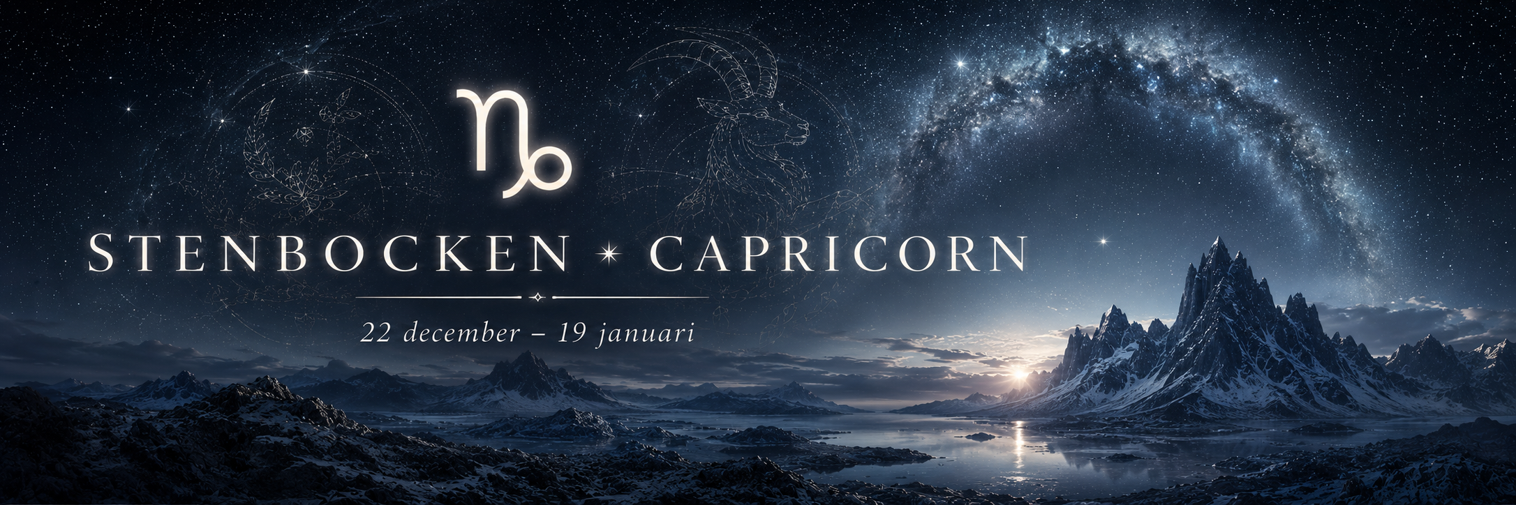 Stenbocken Capricorn med datum 22 december till 19 januari i astrologisk design