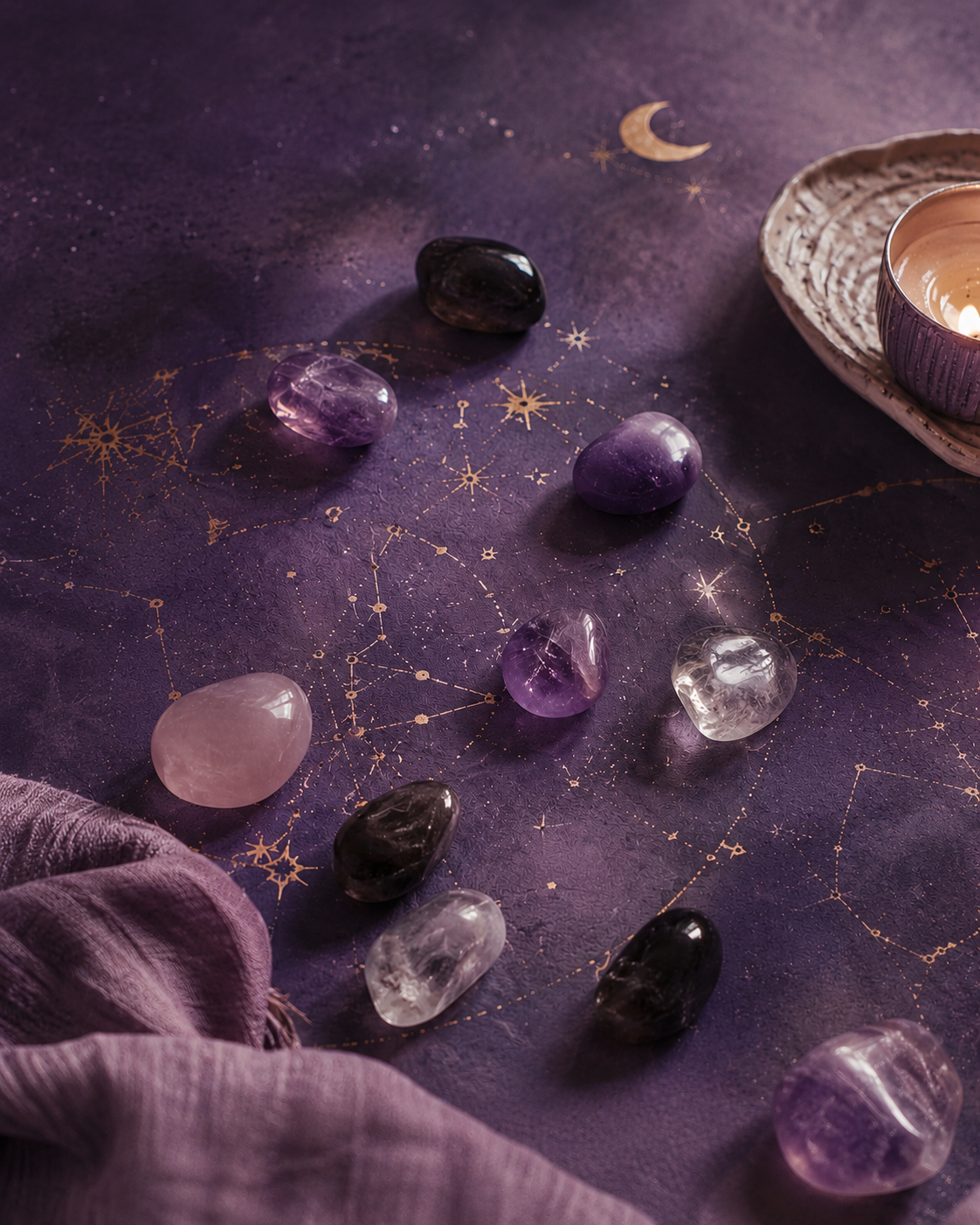 Lila astrologisk bild med stj&auml;rntecken och trumlade kristaller