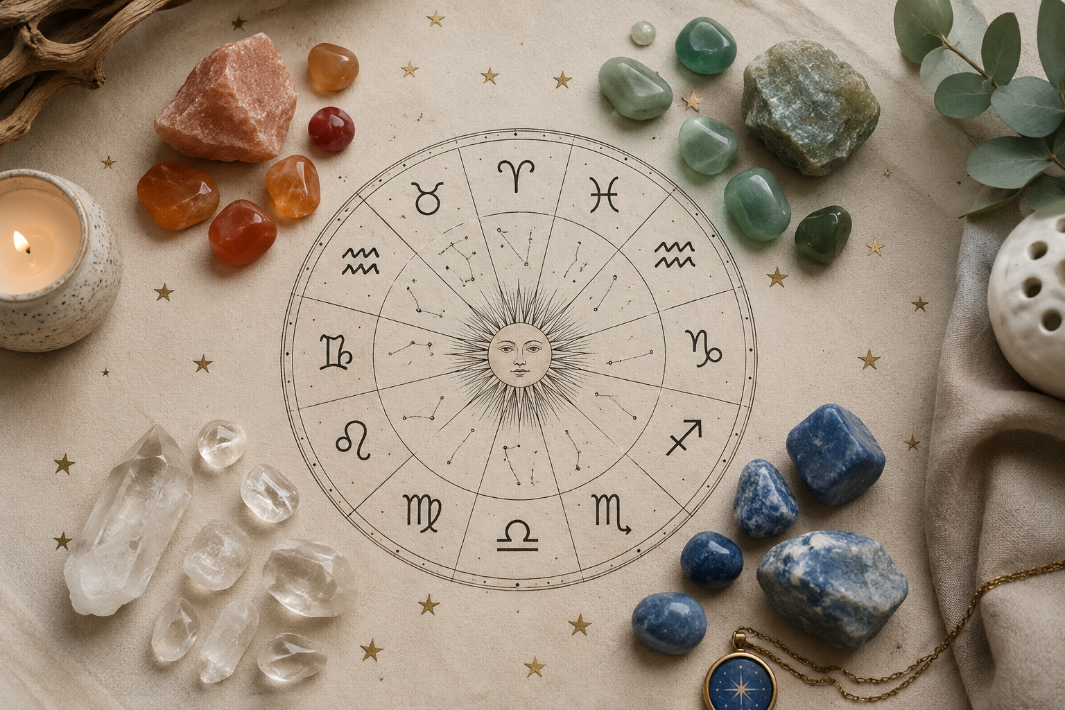Astrologisk zodiakcirkel med kristaller som symboliserar element och stjärntecken