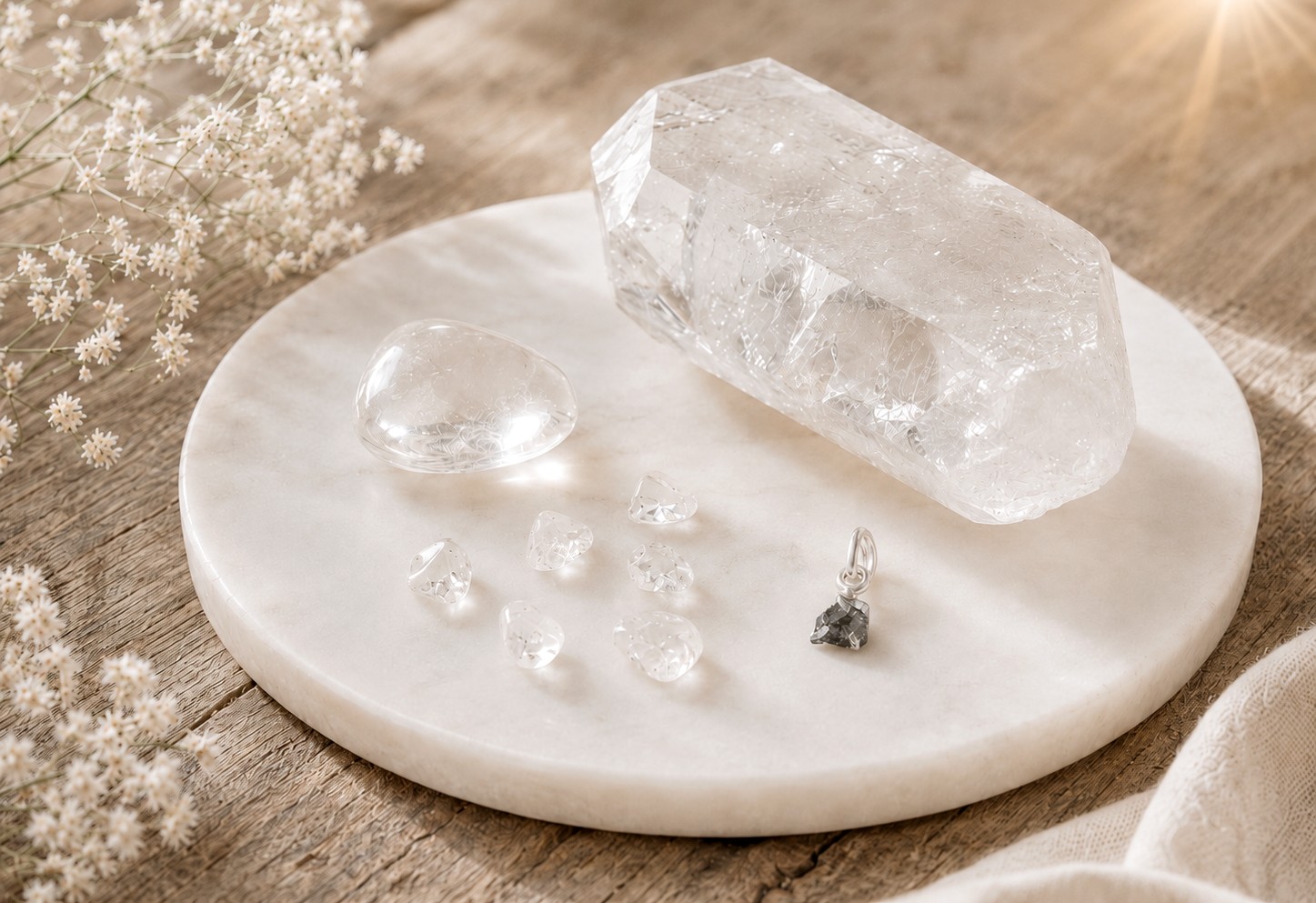 April månadssten med Diamant och Bergkristall i ljus miljö som personlig gåva