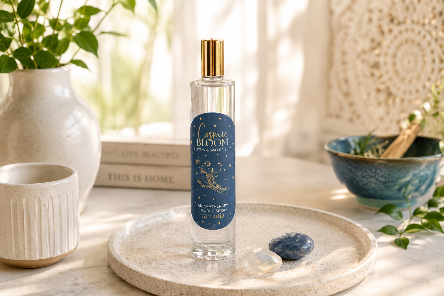 Cosmic Bloom smudge spray i fr&auml;sch dagsljusmilj&ouml; med bl&aring; etikett och naturlig inredning