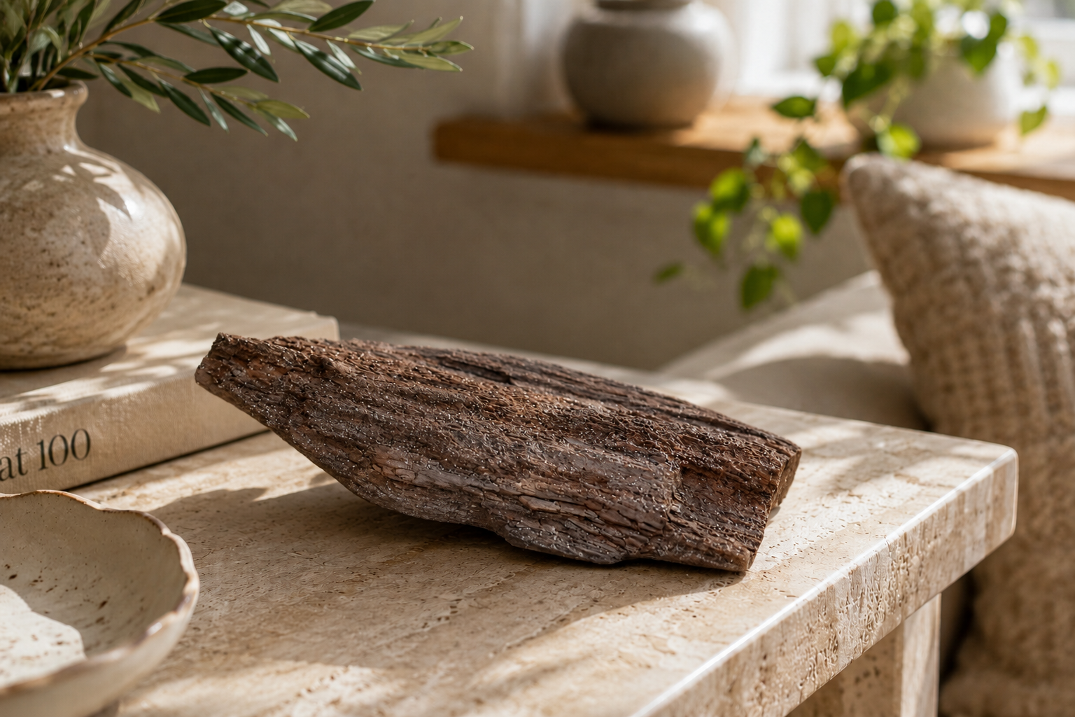 Fossilt trä med druzy och glittrande kvarts