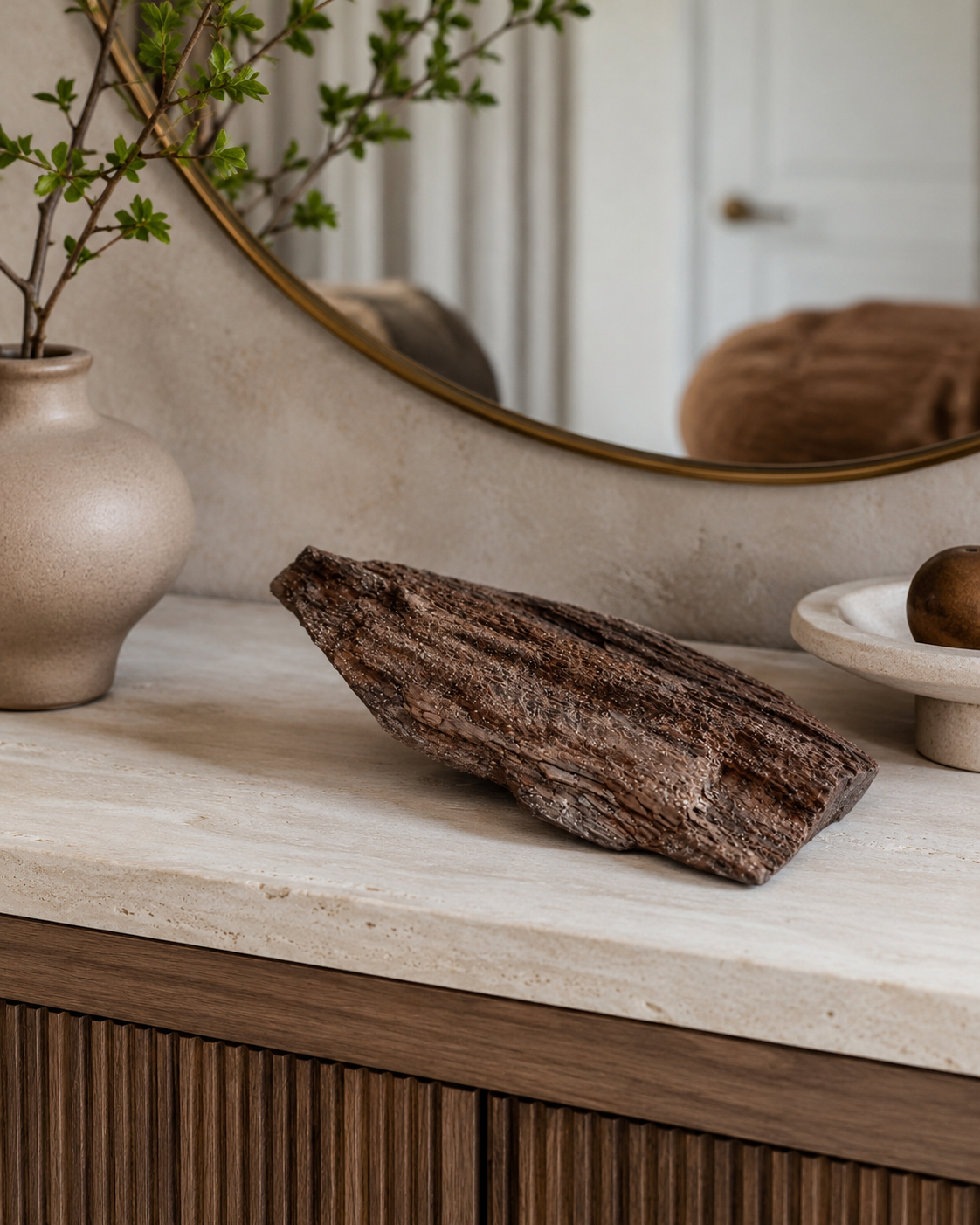 Fossilt trä med druzy och glittrande kvarts