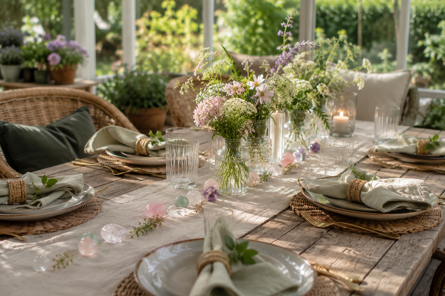 Sommardukning på altan med kristaller, blommor och träbord