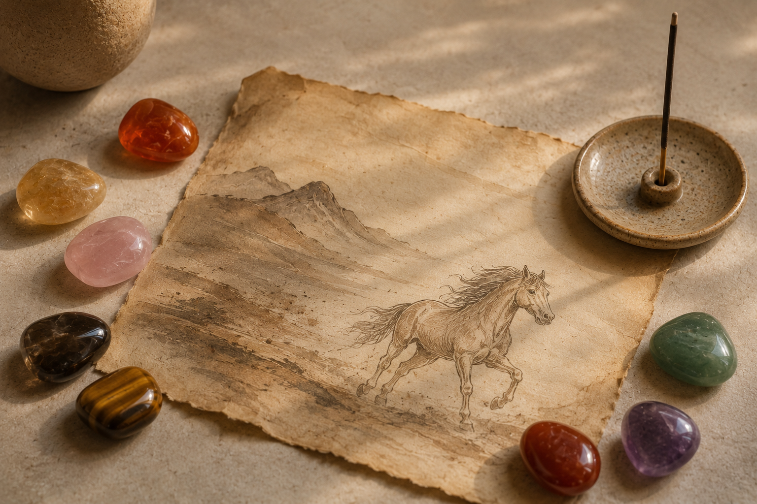 Astrologisk bild med Eldh&auml;stens &aring;r, trumlade kristaller och mjuk stj&auml;rnteckenk&auml;nsla