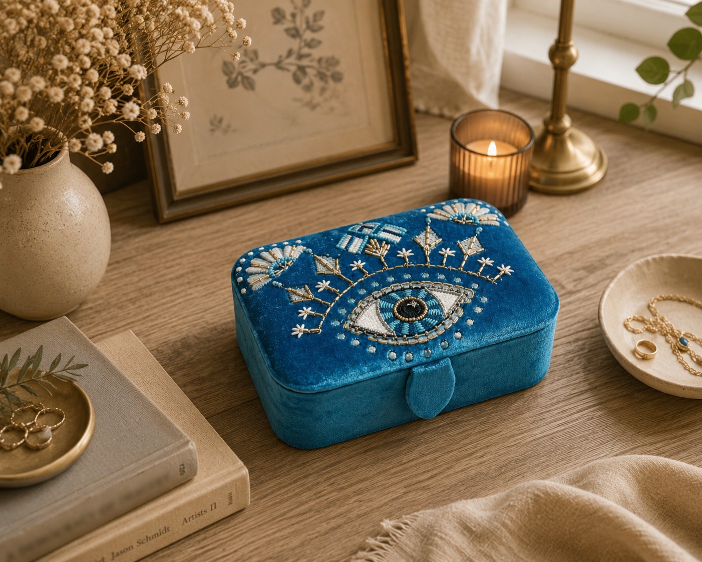 Turkosbl&aring; broderad ask med Eye of Providence och amulett&ouml;ga f&ouml;r smycken kristaller och tarotkort