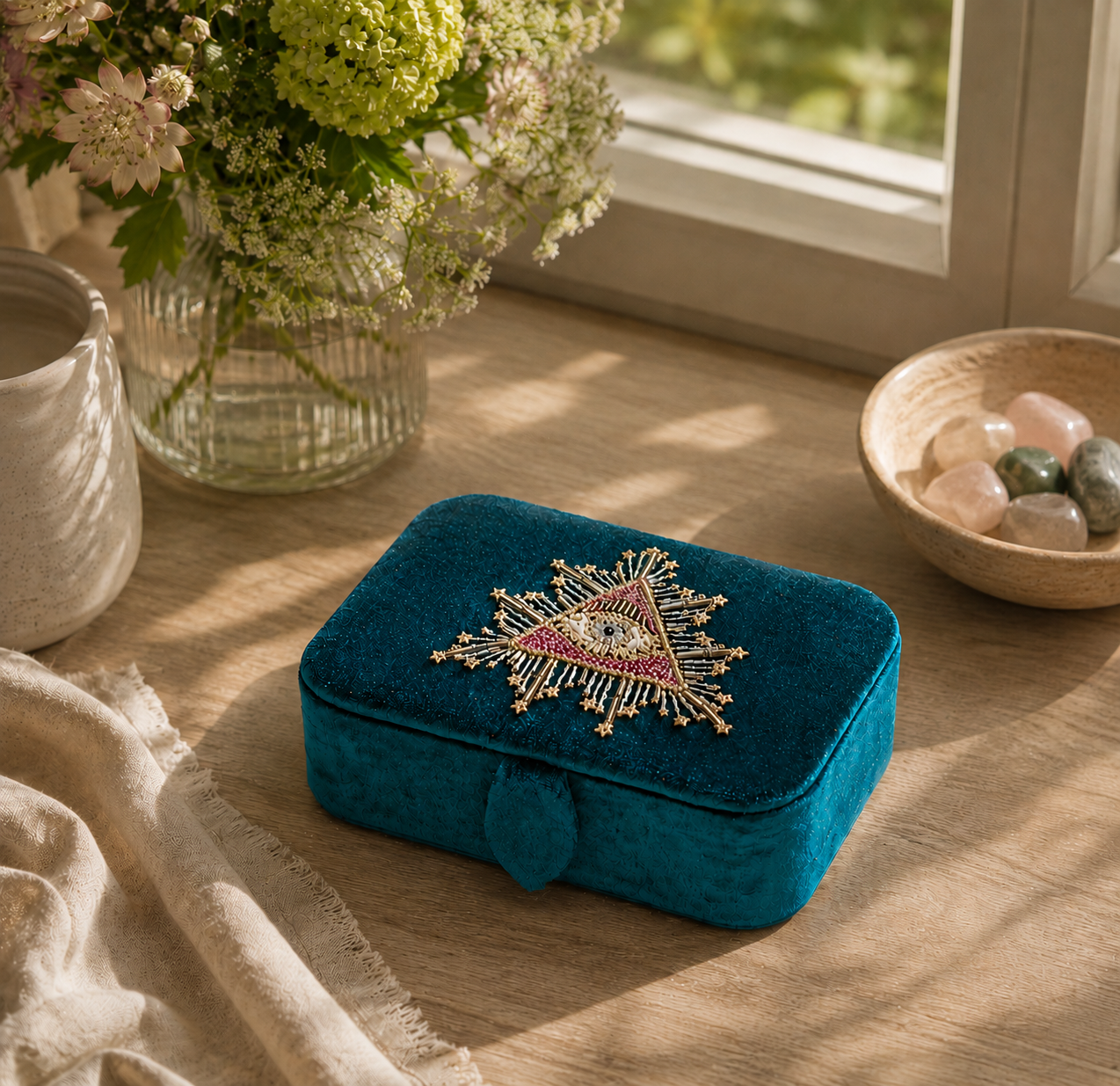 Broderad ask med Eye of Providence f&ouml;r smycken kristaller och tarotkort