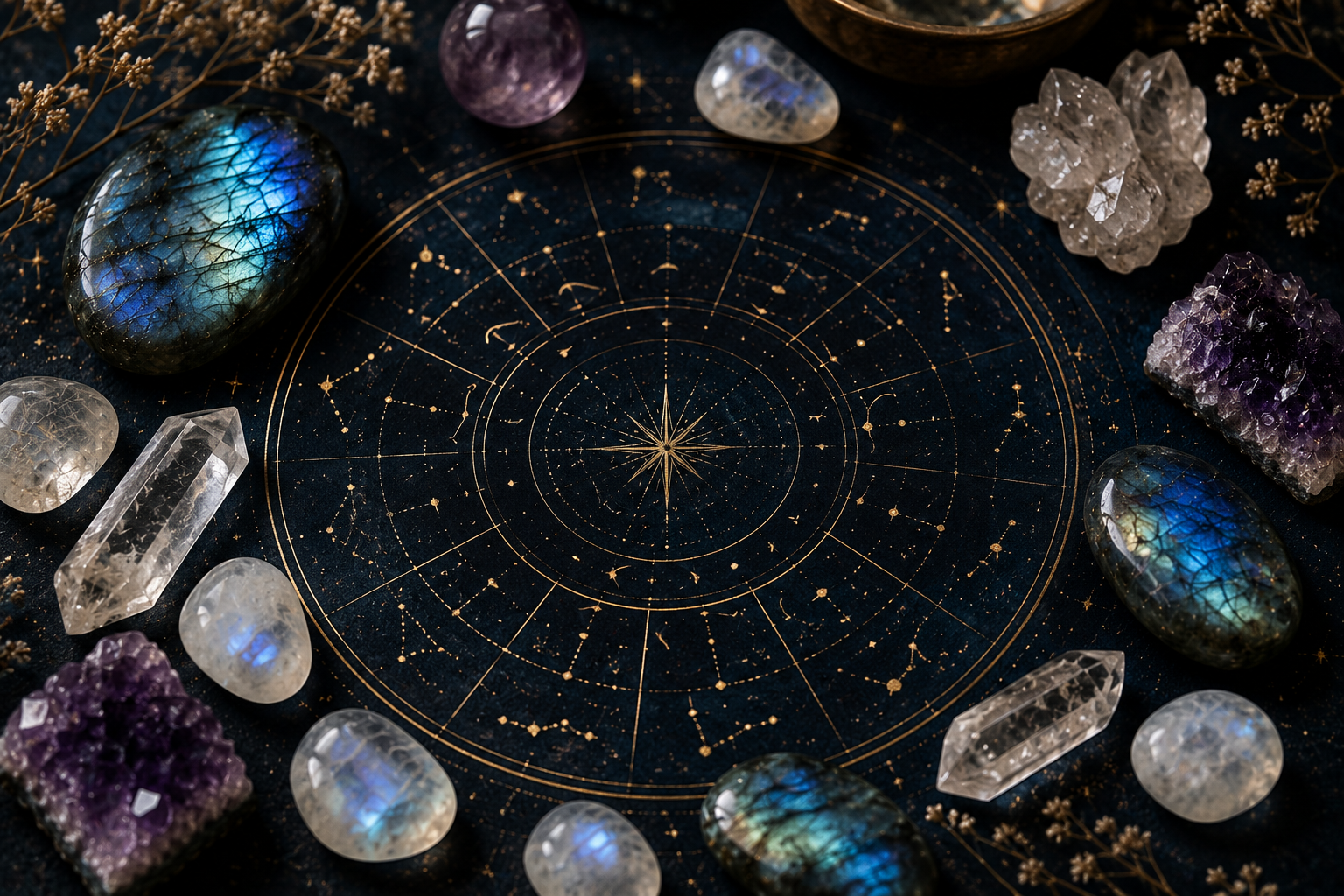 Kristaller och m&ouml;rk astrologisk karta f&ouml;r stj&auml;rntecken, intuition och sj&auml;lvinsikt