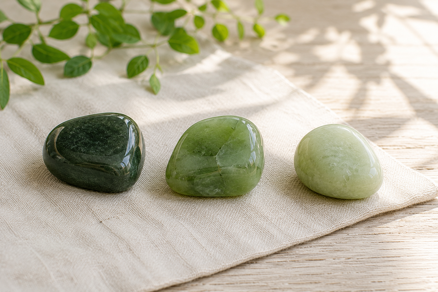Tre olika gr&ouml;na jadestenar som visar skillnaden mellan New Jade Serpentin, Nefrit Jade och Jadeit