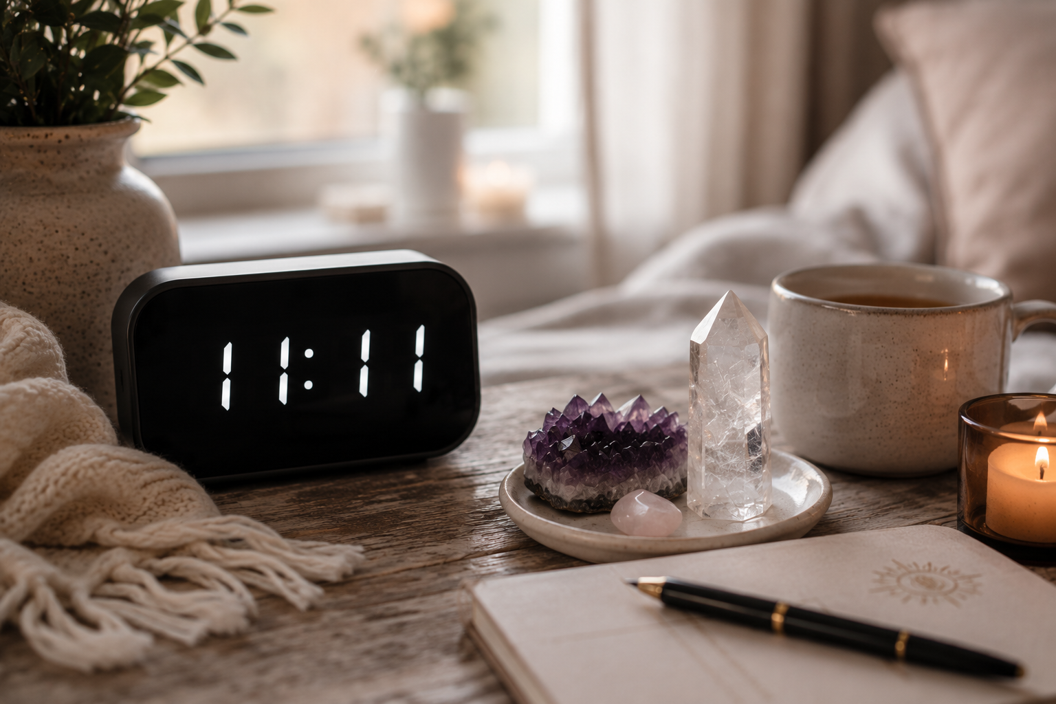 Digital klocka som visar 11:11 i en lugn hemmilj&ouml; med kristaller