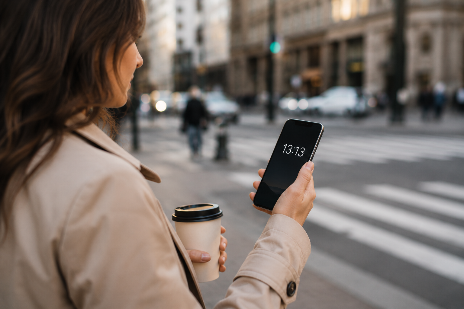 Person p&aring; stan som ser klockan 13:13 p&aring; sin mobiltelefon