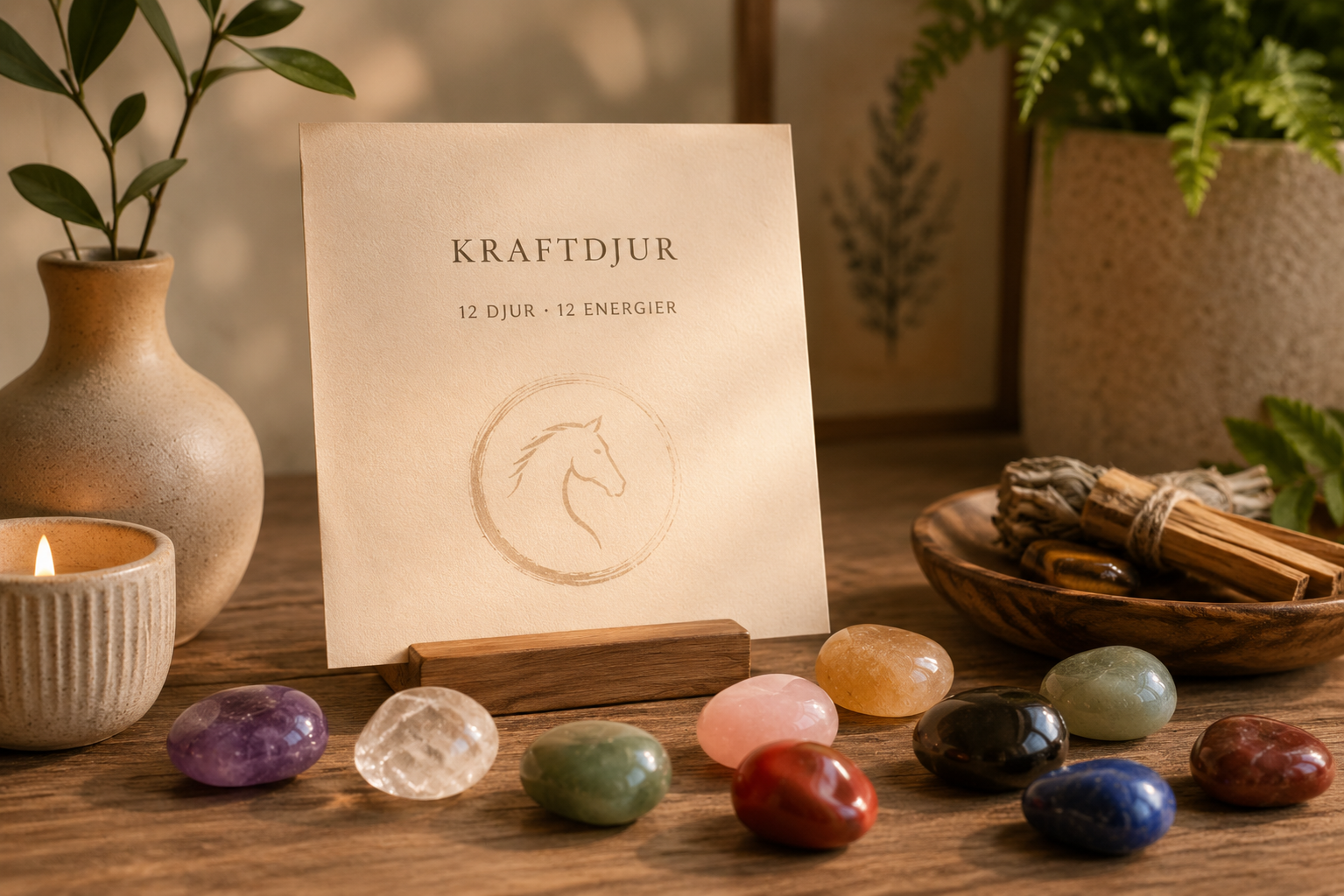 Stilren bild med Eldh&auml;stens symbolik, kristaller och varm astrologisk k&auml;nsla