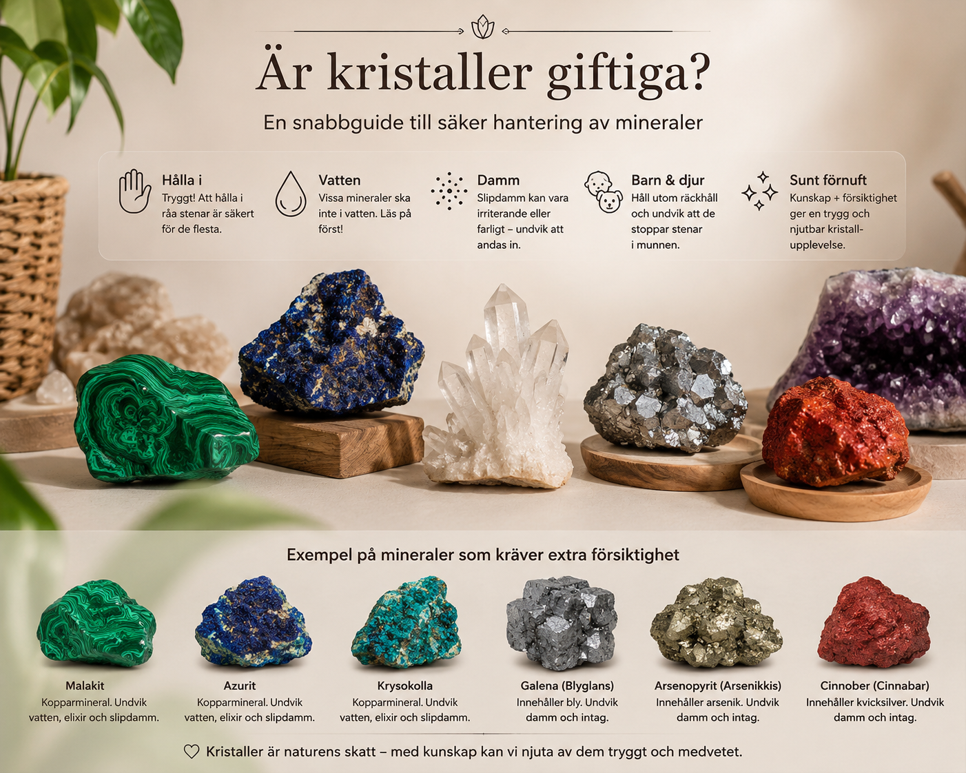 Kristaller och mineraler som hanteras varsamt hemma