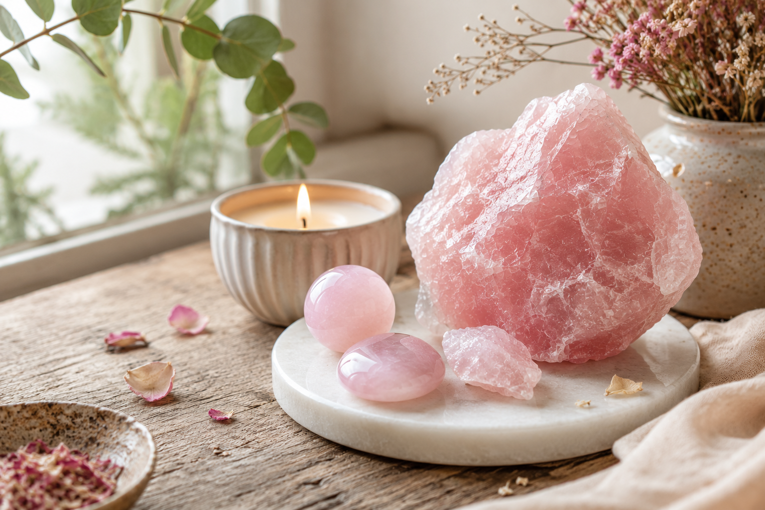 Rosenkvarts i mjuk rosa miljö med naturlig premiumkänsla