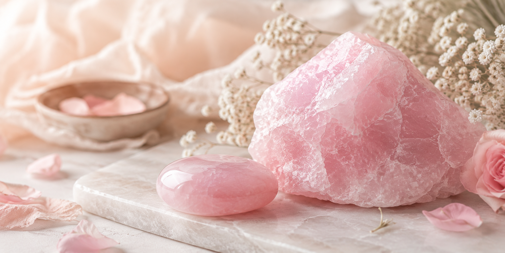 Rosenkvarts i mjuk rosa miljö med naturlig premiumkänsla