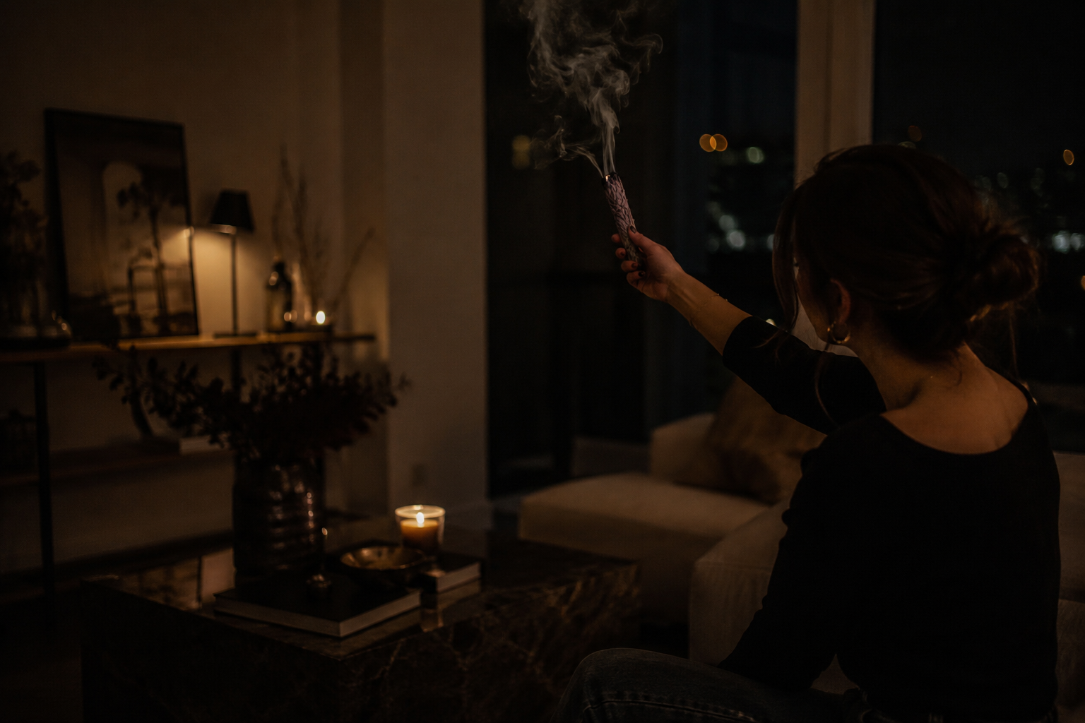 Kv&auml;llsritual med Salvia och mjuk r&ouml;kelse i hemmet