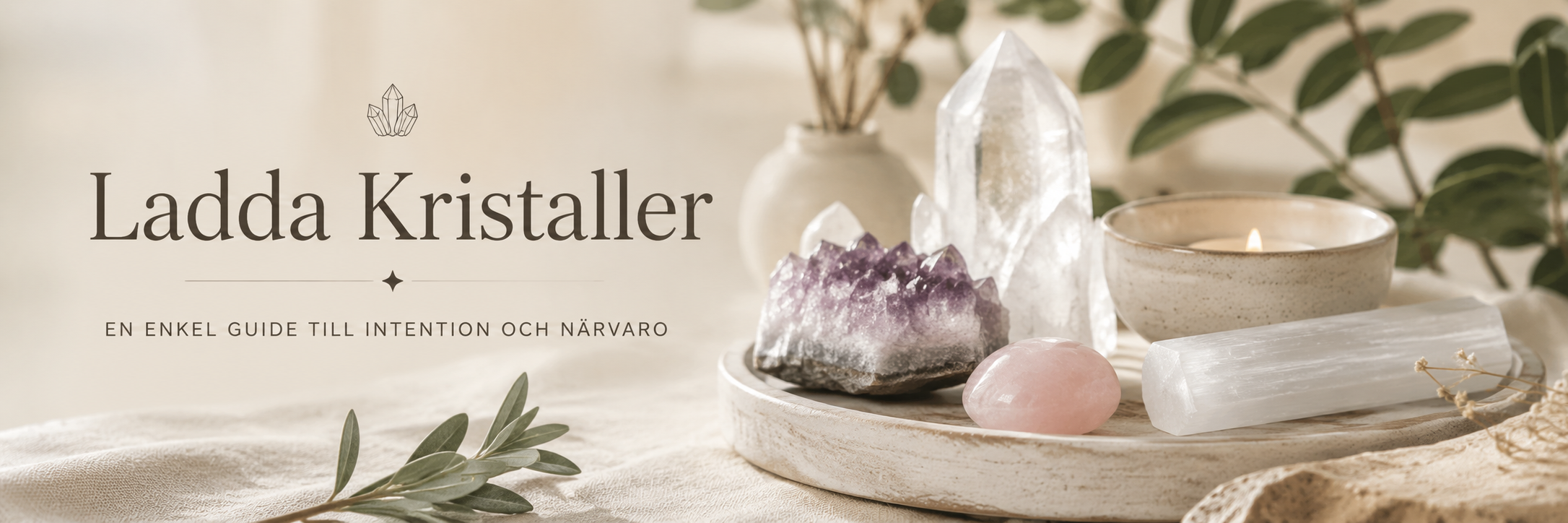 Kristaller, anteckningsbok och en lugn stund för intention och närvaro